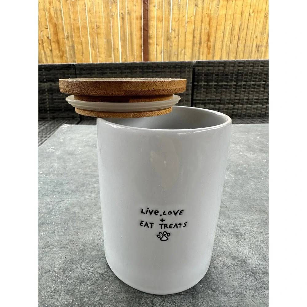 Harmony White Ceramic Pet Treat Jar with Bamboo Lid Live Love Eat Treats 6 inch